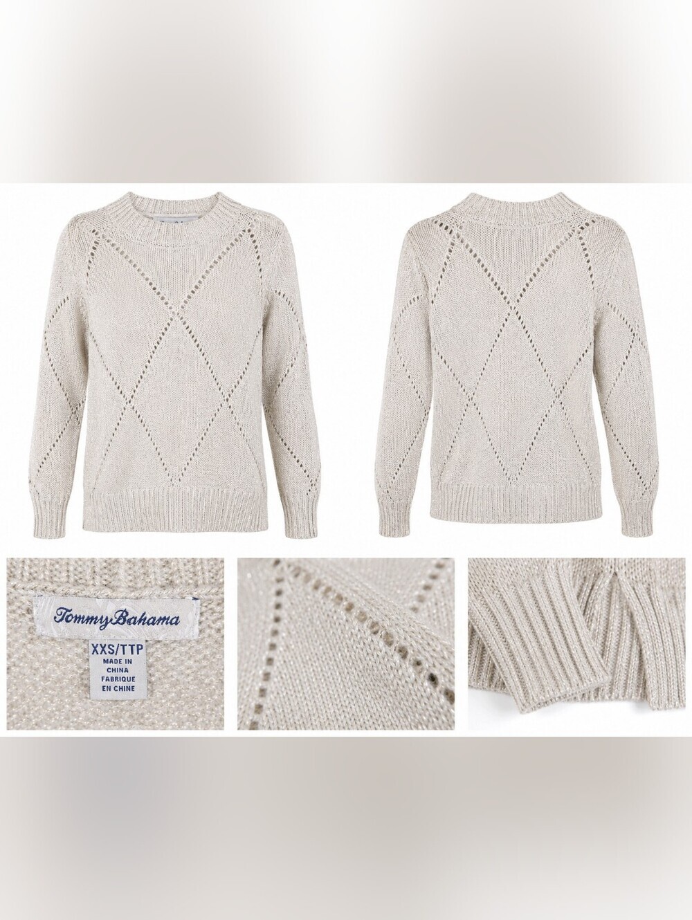Tommy Bahama Womens XXS Ivory Metallic Knit Sweater Diamond Pattern Pullover.
